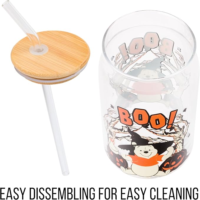 Silver Buffalo Disney Winnie the Pooh Halloween Spooky Boo Witch Hat Jack-o-Lantern Glass Jar Tumbler with Bamboo Lid and Glass Straw, 16 Ounces