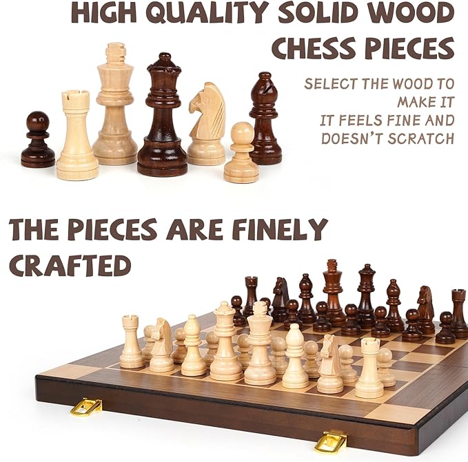 15-Inch Magnetic Wooden Chess Set – Foldable Wooden Chess Board with Magnetic Pieces, Portable Travel Chess Sets for Adults, Classic Board Game with Secure Storage Box