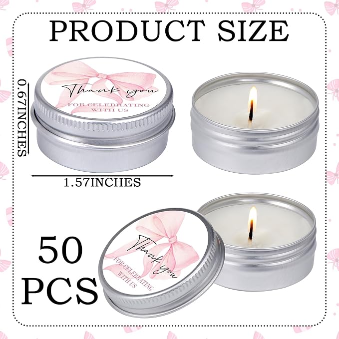 MTLEE 50 Pcs Bow Baby Shower Favors Scented Candles Gift Travel Tin Candle Aromatherapy Candle Favors for Baby Shower Wedding Gifts Compound Scent Essential Oil 1.57 x 0.67''