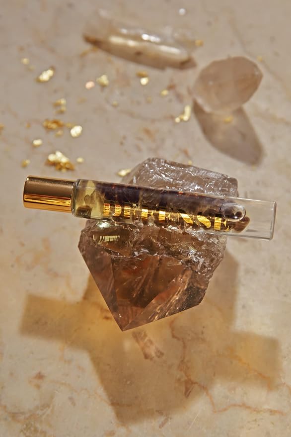 Essential Oil Rollerballs, .34 OZ, Defense - Smoky Quartz Crystal Infused - Scents of Frankincense, Neroli, & Sage - Aromatherapy Roll On Oils, Skin Care, Massage