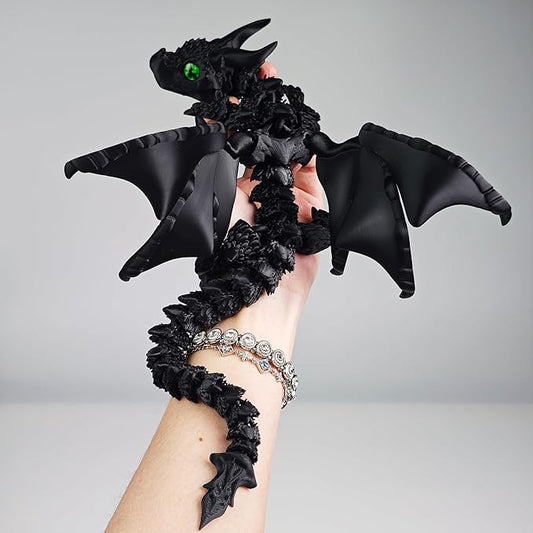 3D Printed Dragon with Wings,3D Printed Animals Toys, Fidget Dragon Toys, Flexible Articulated Winged Crystal Dragon Model,Desktop Pet Deco (Matte-Black)
