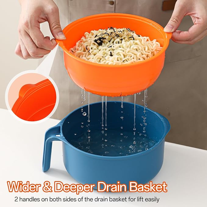 MEACOLIA Jumbo 50 oz Microwave Ramen Cooker Bowl | with Lid & Drain Strainer, Spill-Free, Rapid Noodle Pasta Cooker, College Dorm Essentials for Girls Guys, Apartment Friendly