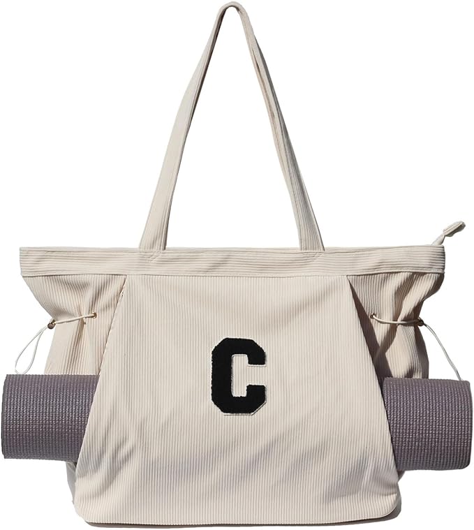 ESVAN Corduroy Yoga Tote Bag Gifts for Women Drawstring Yoga Mat Bag for Office Workout Travel Carryall Pilates Gym
