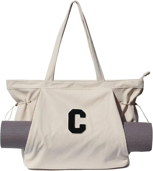 ESVAN Corduroy Yoga Tote Bag Gifts for Women Drawstring Yoga Mat Bag for Office Workout Travel Carryall Pilates Gym