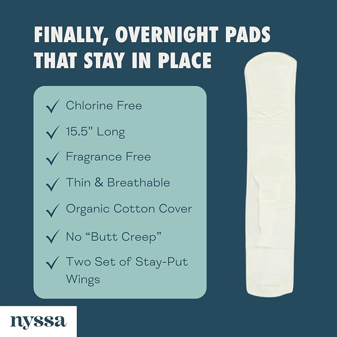 Nyssa Organic Cotton Cover Overnight Pads with Extended Back Panel & Double Wings — Chlorine-Free Maxi Pads for Heavy Flow, Postpartum & Sleep, Fragrance-Free Period Pads (16 Pads)
