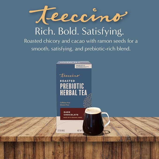 Teeccino Dark Chocolate Prebiotic SuperBoost™ Herbal Tea - Support Your Probiotics with Vegan GOS & Organic XOS For Good Gut Health and Regularity, 25 Tea Bags