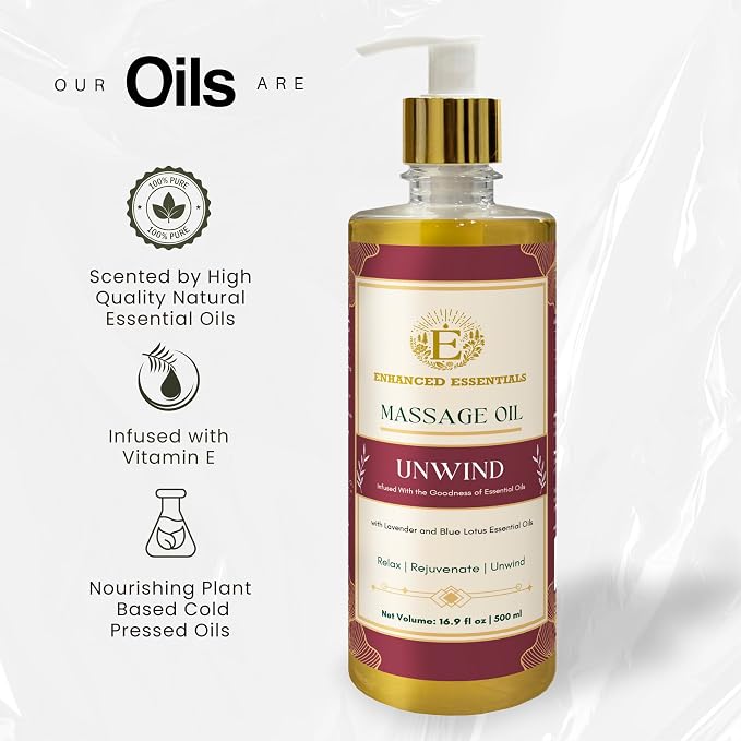 Unwind Massage Oil with Rosehip,Apricot & Vitamin E by |Scented with Pure Essential Oils only|Silky,Relaxing & Nourishing|Ideal for Date Nights||16.9 fl oz (500ml)