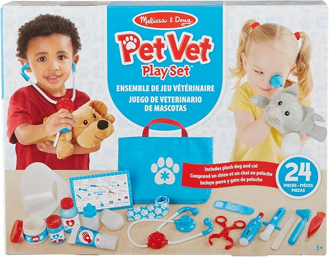 Melissa & Doug Examine and Treat Pet Vet Pretend Play Set with Plush Dog and Cat (24 Pcs) Kids Veterinary Play Set, Veterinarian Kit for Kids, STEAM Toy, Pretend Doctor for Ages 3+