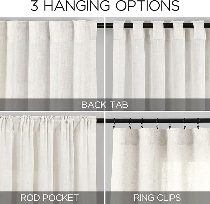 Nanspring 24 Inch Linen Curtains for Kitchen Beige White Small Window Semi Sheer Curtains Back Tab and Rod Pocket Light Filtering Drapes for Basement Short Cafe Curtain, 36 x 24 Inch,2 Panels