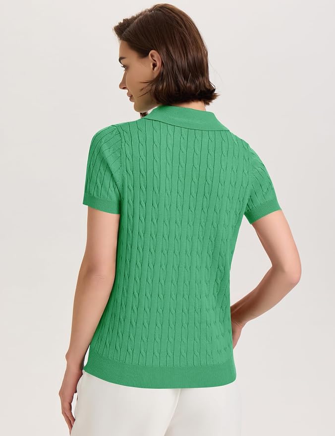 Micoson Womens Short Sleeve Sweater Tops Lapel V Neck Polo Shirts 2026 | Summer Cable Knit Loose Blouses, Business Casual Outfits