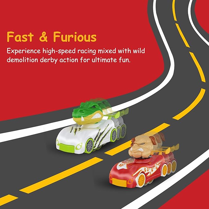 Knuckle Headz Pop-Up Racer Car Toy, Friction-Powered Pull Back Race Car, Head Popping Fun Gift for Kids, Boys, Girls, Ages 3+, Dinosaur