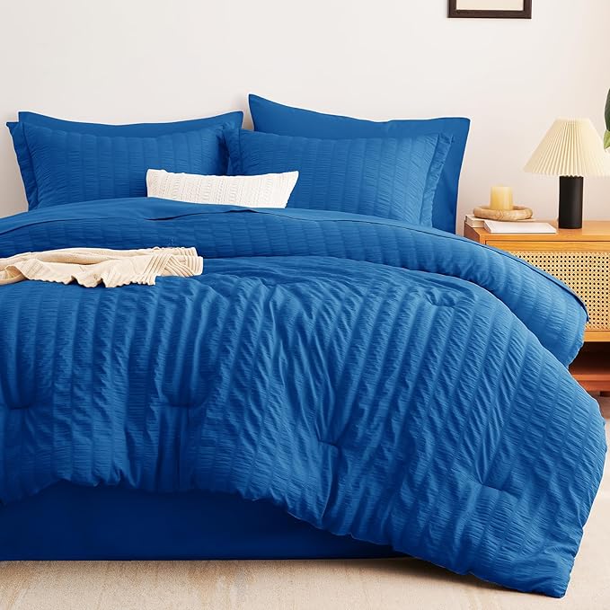 CozyLux King Size Comforter Set Classic Blue Seersucker 7 Pieces Bed in a Bag King Comforter Set with Sheets, Luxury Bedding Set with Down Alternative Comforter, Sheets, Pillowcases & Shams All Season