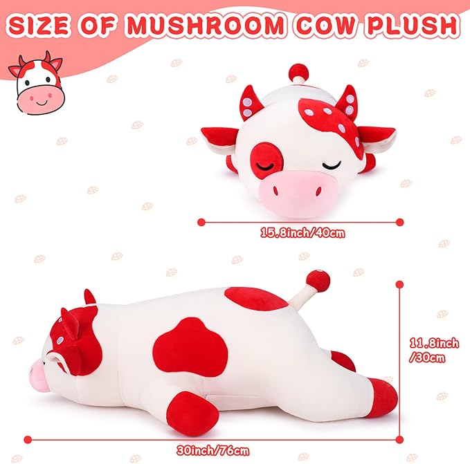 Auspicious beginning 30'' Giant Mushroom Cow Plush Stuffed Animal-Cute Mushroom Cow Plush Body Pillow Plushies, Large Sleeping Cow Stuffed Animal Big Plushie Toy, Birthday Gifts for Kids Girls Boys
