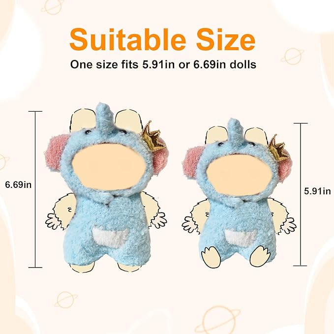 17cm (6.7 Inch) Doll Clothes – Soft Plush Animal Jumpsuit for Mini Keychain Dolls, Blue Elephant Costume Outfit, Collectible Display Gift (Doll Not Included)(Blue Elephant)