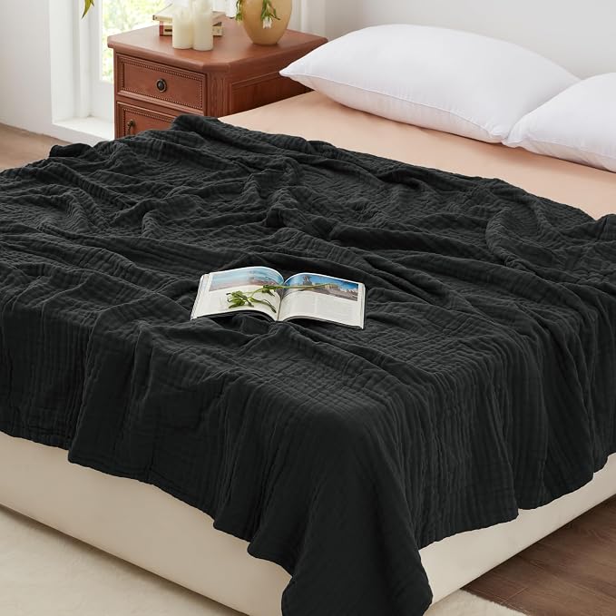 Love's cabin 100% Cotton Muslin Blanket, 6 Layer Lightweight Breathable Gauze King Size Blanket 108 x 90 Inches, Soft Summer Blanket for Bed, Black