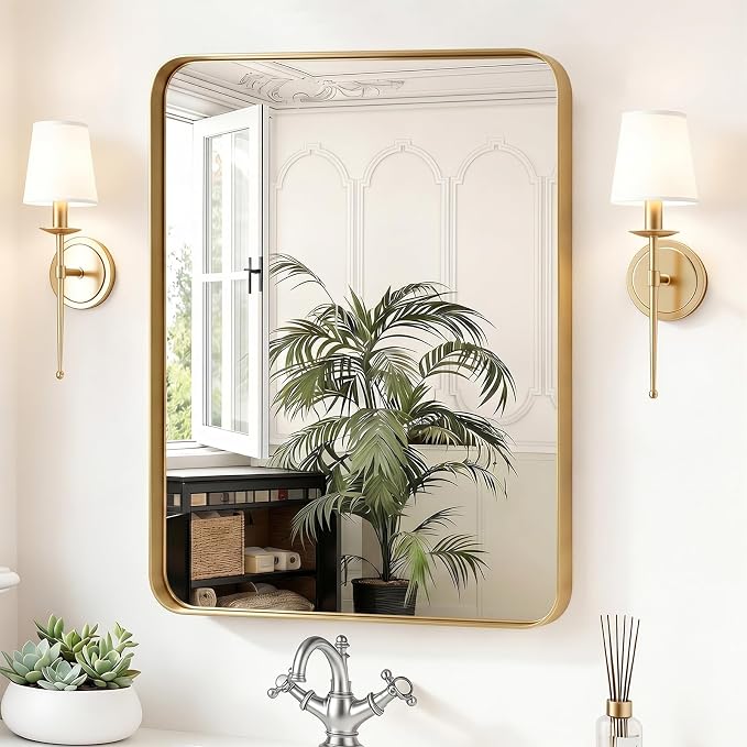 Sweetcrispy Bathroom Wall Mirror, 32x24 Inch Wall Mount Mirror for Over Sink, Modern Rounded Rectangle Vanity Mirrors with Matte Metal Framed, for Home Decor, Living Room, Bedroom, Gold