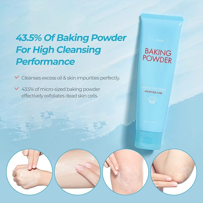 ETUDE Baking Powder Crunch Pore Scrub (0.25 Fl Oz x 24 Pouches), Facial Scrub, 43.5% Baking Powder for Deep Cleansing, Gentle Exfoliation, Cooling Effect, Hydrating, Korean Skin Care, Beauty