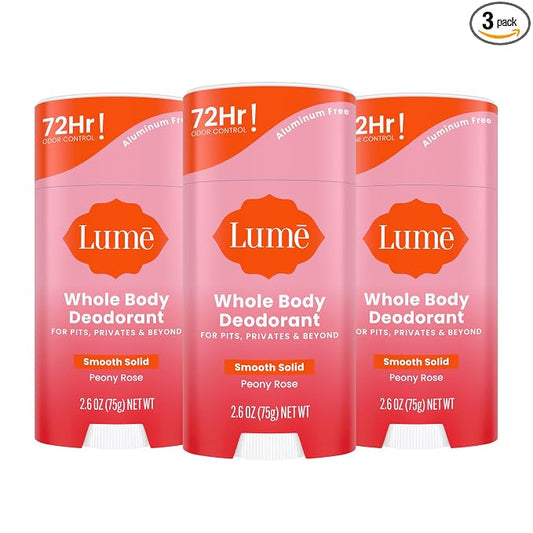 Lume Whole Body Deodorant - Smooth Solid Stick - 72 Hour Odor Control - Aluminum Free, Baking Soda Free and Skin Loving - 2.6 Ounce (Pack of 3) (Peony Rose)
