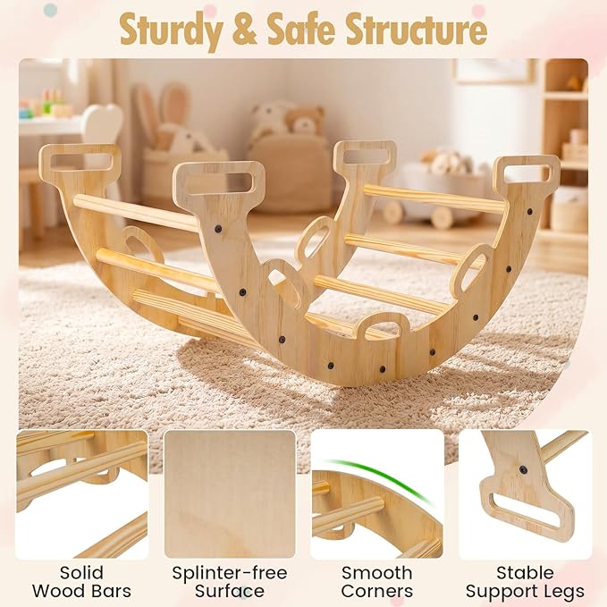 Costzon Wooden Rocking Climbing Arch w/Cushion, 3-in-1 Montessori Kids Climber Rocker for Toddlers, Playground Climbing Ladder Toy, Indoor Gym Learning Playset for Boys Girls Ages 1+ (Wood Color)