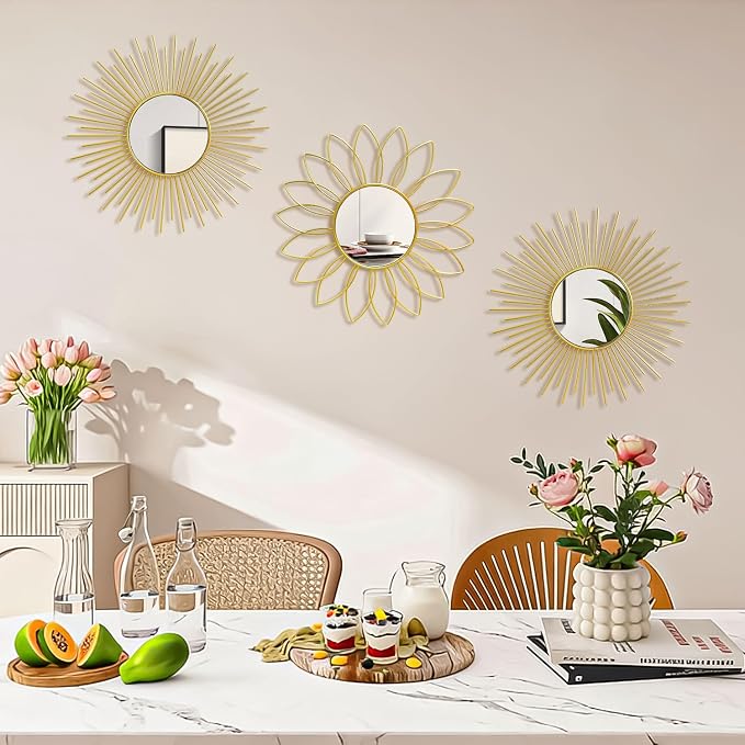 3 Pack Metal Mirrors for Wall Sunburst Wall Mirrors Home Décor Decorative Hanging Wall Art for Living Room Bedroom Entryway (Gold2, Flower+Sunburst)