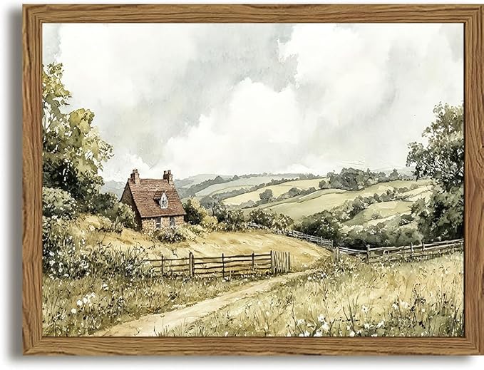 Framed Vintage Canvas Wall Art, Cottage Landscape Wall Decor Paintings, Rustic Farmhouse Pictures Prints Aesthetic Home Decor for Living Room Bedroom Bathroom 12x16 inch