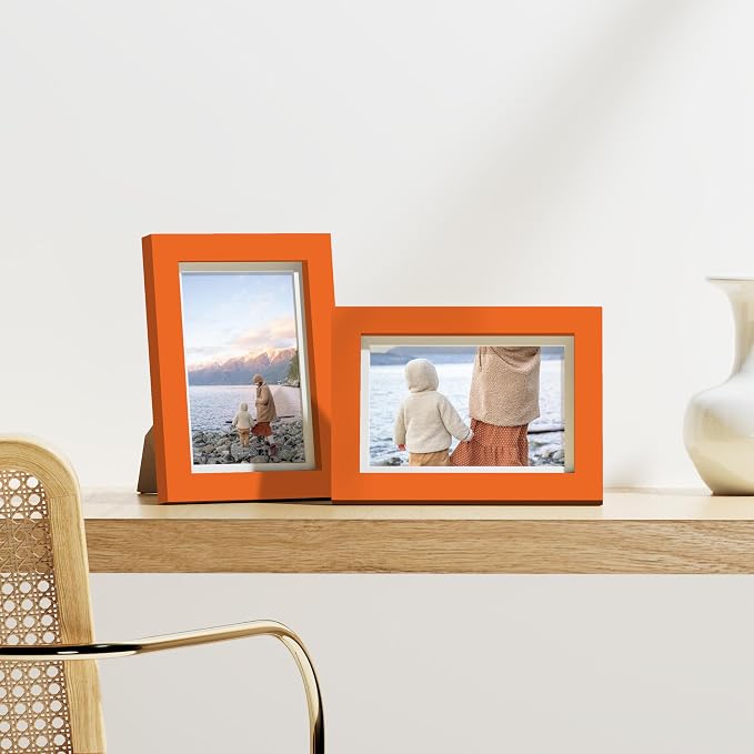 Vittanly 4x6 Picture Frames Set of 9 for Wall or Tabletop Display, Orange | Display Pictures 3.5x5 with Mat or 4x6 without Mat, Small Photo Frames, Engineered Wood with Shatter Resistant Plexiglass