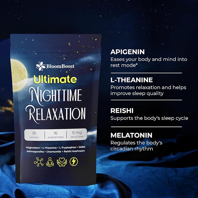 BloomBoost Magnesium Glycinate Powder, Upgraded Formula with Vanilla Coconut Powder, GABA, L-Theanine, Ashwagandha and Chamomile, Natural Berry Flavor - Perfect for Evening Wind-Down & Cozy Nights