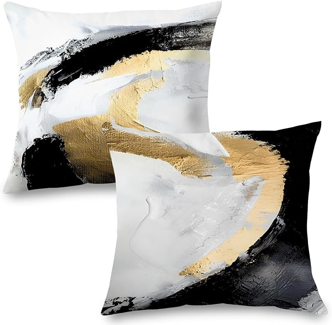 Abstract Black White and Gold Pillow Covers 20x20 Set of 2 - Modern Pillow Covers, Modern Home Decor, Black and Gold Decorative Pillows Cover for Couch Living Room Bedroom