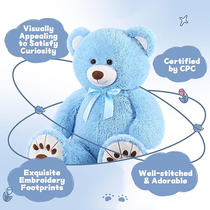 MorisMos Giant Blue Teddy Bear Plush, 36in Large Stuffed Animal for Baby Shower, Life Size Bear for Kids, Girls, Girlfriend on Birthday, Valentine's