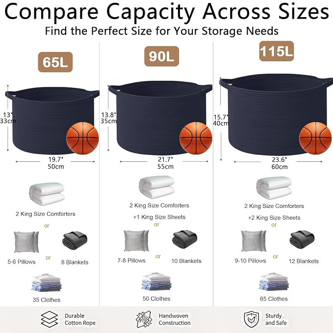 90L Extra Large Blanket Basket,Woven Rope Laundry Basket-Dark Blue | Collapsible, reinforced handles, nursery storage bin organizes clothes, toys and pillows for living room, bedroom bathroom
