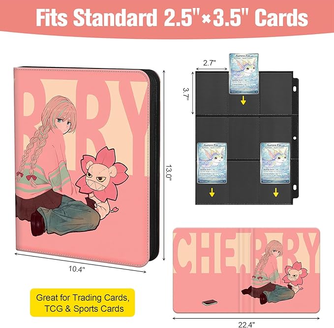 Trading Card Binder Album, 900 Pockets, 3-Ring Refillable with 50 Double-Sided 9-Pocket Sheets, Fits 2.5"x3.5" TCG & Sports Cards, Acid-Free, Zippered PU Cover, Cherry Anime Design
