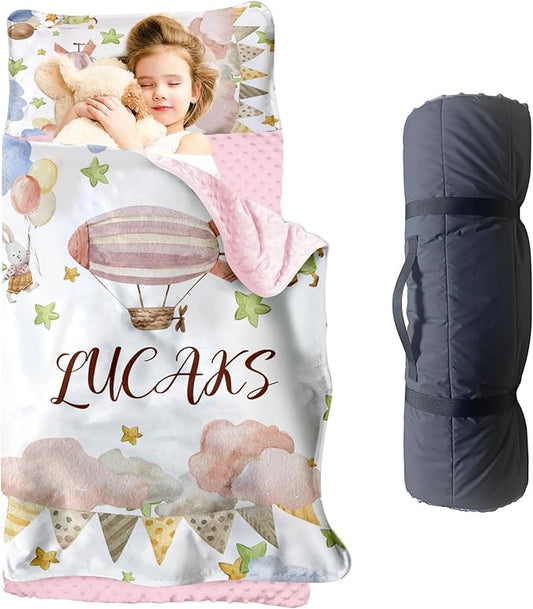 Personalized Toddler Nap Mat for Girls – Custom Name Kids Nap Mat – Daycare Sleeping Mats with Removable Pillow and Soft Minky Dot Blanket for Preschool, Travel, Kindergarten