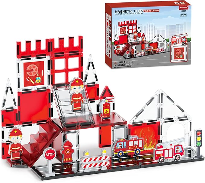 Fire Rescue Magnetic Tiles (48PCS), STEM Building Set with Fire Truck & Firefighter, Preschool Learning Building Set for Ages 3-8, Birthday Gift for Boys & Girls(Extinguisher, Helmet)