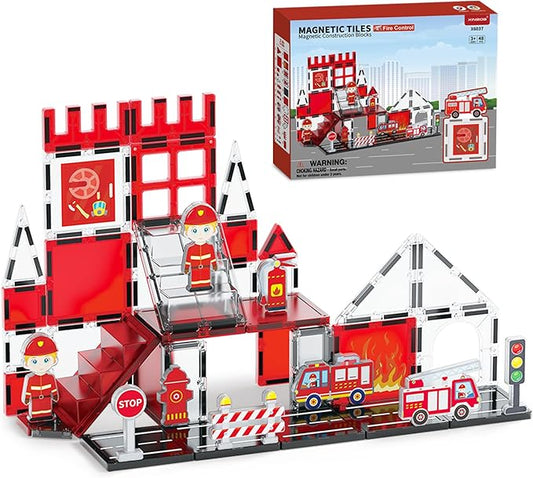 Fire Rescue Magnetic Tiles (48PCS), STEM Building Set with Fire Truck & Firefighter, Preschool Learning Building Set for Ages 3-8, Birthday Gift for Boys & Girls(Extinguisher, Helmet)