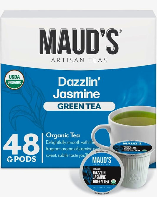 Maud's Organic Jasmine Green Tea Pods, 48 ct, Single Serve Tea Pods – 100% Gourmet Blended Tea Leaves, Compatible with Keurig K Cups Maker