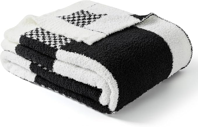Snuggle Sac Checkered Blanket, Black White Throw Blanket for Couch Plaid Microfiber Fluffy Warm Fuzzy Cozy Soft Throw Blanket Reversible Checkered Blankets for Sofa, Chair, Bed, Twin(60"x80")