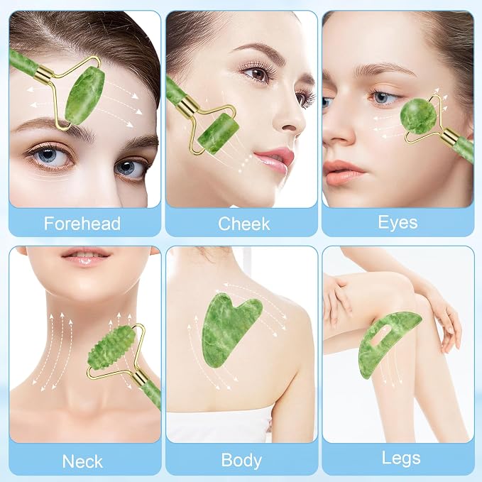 Jade Roller & Gua Sha Set 5-in-1, Full Body Massage Tools | Cool natural Xiuyan jade for depuffing facial massage, portable travel skincare kit, ideal stocking stuffer gifts for women