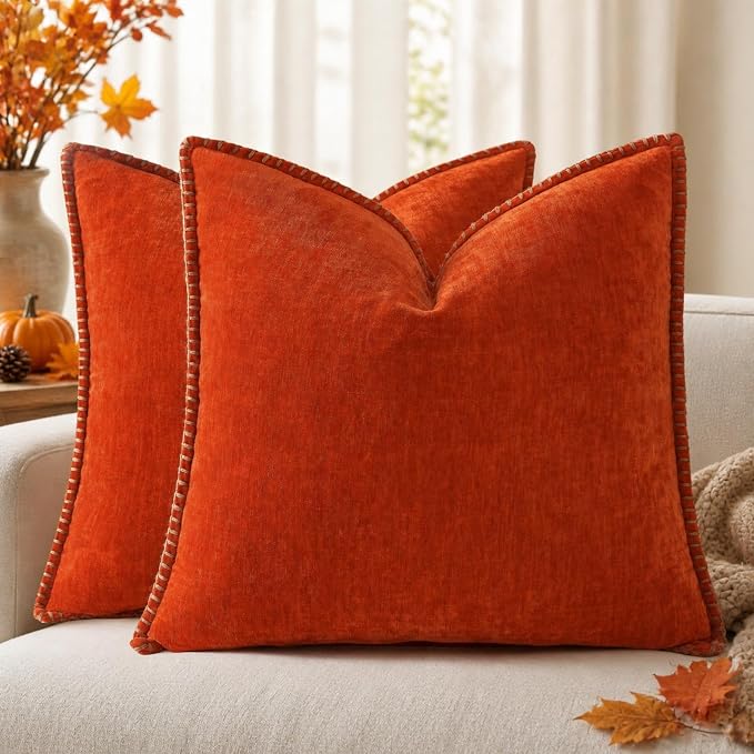decorUhome Soft Chenille Throw Pillow Covers 22x22 Set of 2 Rust | Fall Textured Decorative Throw Pillow Cases Stitched Edge Modern Farmhouse Luxury Boho Velvet for Couch Sofa Bed Home Decor