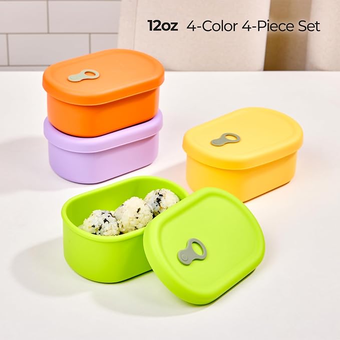 Korean Silicone Food Container, Steam Vent, 12 floz 4-Piece Set | Microwave & Freezer Safe, Leakproof, Airtight, Dishwasher Safe, BPA Free