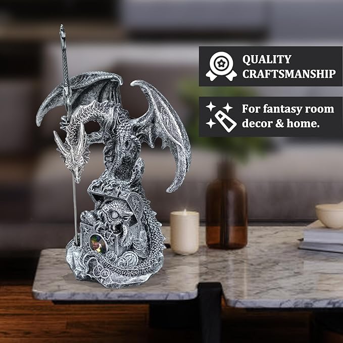 Fantasy Dragon Statue with Draconian Sword Letter Opener Figurine Collectible Dragon Sculpture Resin Home Decor Gifts 7.68''H (Silver)