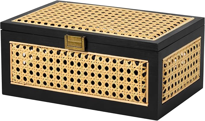 Rattan Storage Boxes Decorative Handmade Natural Wood Baskets | with Lid & Wooden Frame, Boho Rustic Wicker Stacking Woven Cane Bins, Shelf Closet Desk Organizer Container, Black, Large