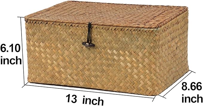 Seagrass Wicker Storage Basket with Lid, Large, Natural | Large Storage Box, Shelf Organizer, Rectangular Woven Bin, Multipurpose Home Storage, Natural Decor, 13 x 8.66 x 6.1