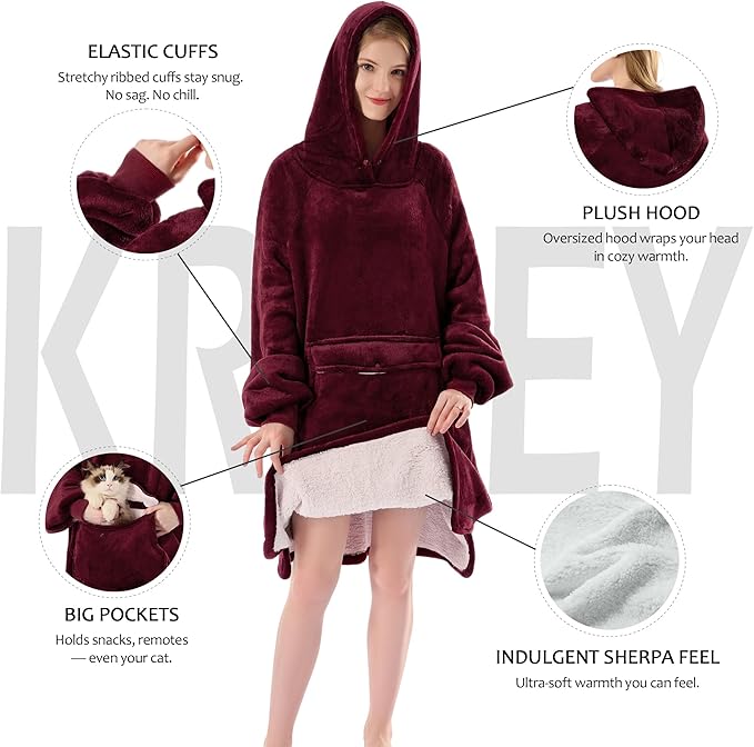 Krifey Wearable Blanket Hoodie, Oversized Sherpa Hooded as Birthday Gifts for Mom Women Girlfriend Men, Cozy Sweatshirt with Giant Pocket