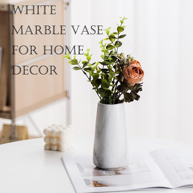 Simple Boho Ceramic Flower Vase for Home Decor (Marble White,Small) | 6'' Modern Farmhouse Vase for Flower Plant Pampas Grass, Fit for Table Shelf Centerpieces, Living Room Kitchen Wedding Gift