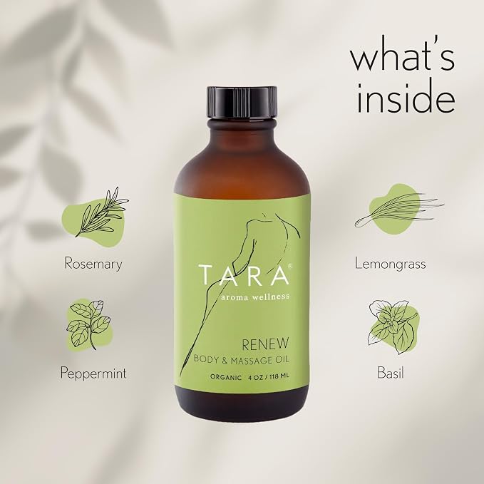 TARA Spa Therapy Renew Body & Massage Oil – Premium Organic Oil for Revitalization & Skin Renewal, 100% Pure Essential Oils, Geranium, Lemon & Rosemary, 4 oz
