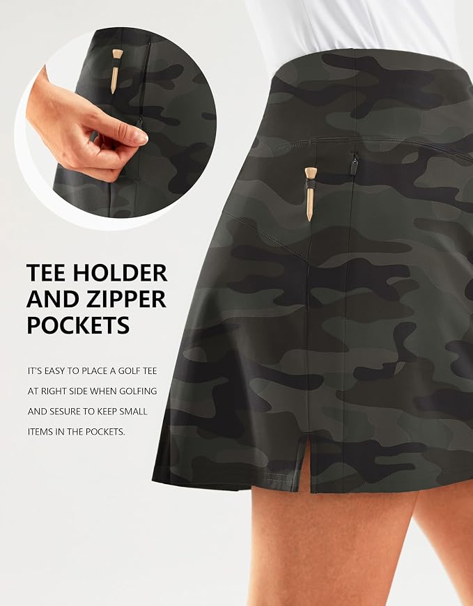 16" Golf Skirt with 2 Zipper Pockets | Tee Holder, Mesh Shorts, High Waisted, Casual, Pickleball, Athletic, Tennis, Skorts for Women