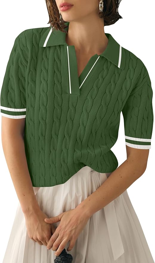 Micoson Womens Short Sleeve Sweater Tops Lapel V Neck Polo Shirts 2026 | Summer Cable Knit Loose Blouses, Business Casual Outfits