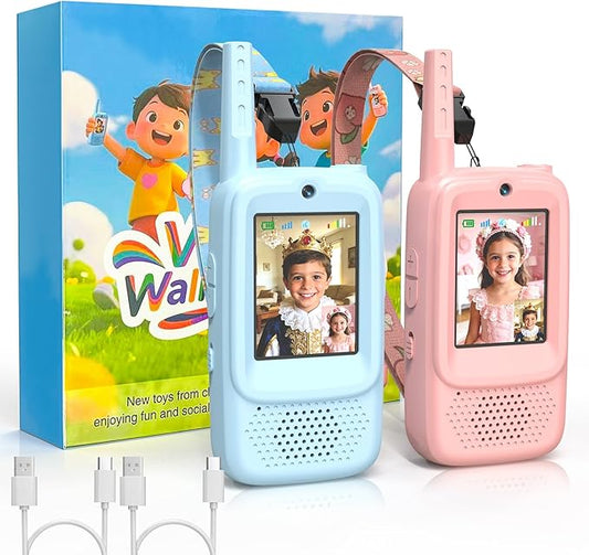 ZealSound Video Walkie Talkies for Age 3-12 Boys Girls, 2 Pack Walkie Talkies with Screen, Voice Effects, Indoor Outdoor Toys for Family Games, Camping, Hiking, Christmas Birthday Gifts (Blue/Pink)