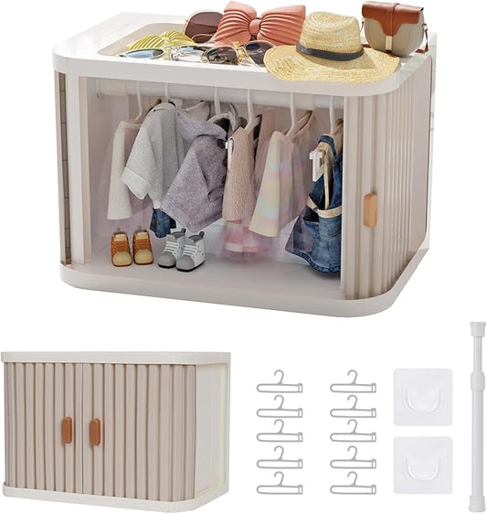Creproly Doll Wardrobe Storage Box, Foldable Doll Closet with 10 Hangers and Rod for 15/17cm Doll Clothes Stackable Organizer Cabinet with Dust-Resistant Cover and Display Shelf (Pearl Grey)