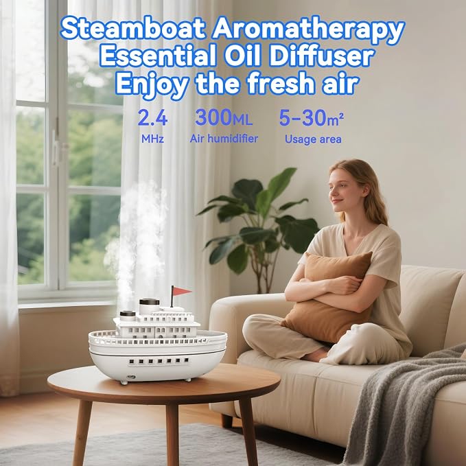 Diffuserlove Ship Aromatherapy Diffuser Humidifier 300ml Essential Oil Diffuser for Home Bedroom Office Steamboat Decorative Cool Mist Humidifier